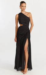 Darcy Maxi Dress One Shoulder Side Cut Out Gathered Dress in Black