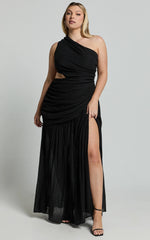 Darcy Maxi Dress One Shoulder Side Cut Out Gathered Dress in Black