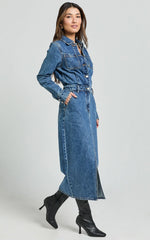 Alison Midi Dress Long Sleeve Front Split Denim Dress in Mid Blue Wash