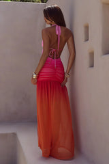 ADRIANNA PLUNGE RUCHED MAXI DRESS TROPICALE OMBRE