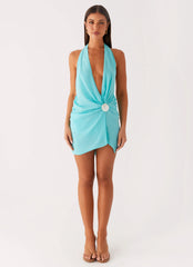 Eleanora Plunge Mini Dress Turquoise