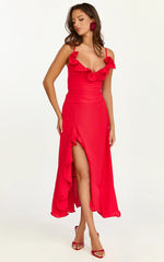 Vivienne Midi Dress Rosette Neck Gathered Frill Split Leg Dress in Red