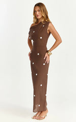 Cia Maxi Dress Tipped Shoulder Linen Polkadot Dress in Chocolate