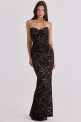 black blush lace corset maxi dress