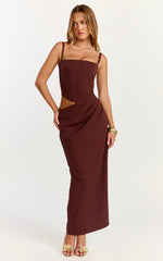 Jonas Maxi Dress Strapless Corset Bodice Draped Waist Skirt Dress in Chocolate