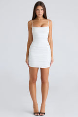 white gathered stretch mesh mini dress