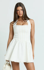 Hayes Mini Dress Halter Neck Corset Bodice Dress in Cream Contrast Stitch
