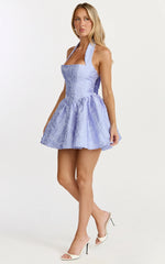 Maddy Mini Dress Square Neck Halter Fit And Flare Dress in Blue