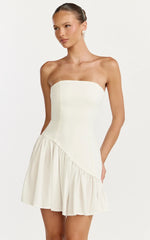 Calla Mini Dress Strapless Gathered Asymmetric Dropped Waist Dress in White