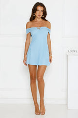 Island Haze Off Shoulder Mesh Mini Dress Blue