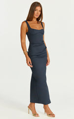 Benita Midi Dress Scoop Neck Ruched Fitted Dress in Navy