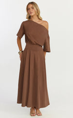 Tami Midi Dress Off Shoulder Dress in Chocolate