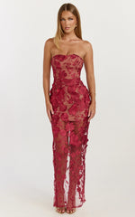 Sienna Maxi Dress 3D Floral Strapless Column Dress in Wine