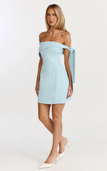 Cecilia Mini Dress Off Shoulder Tie Detail Dress in Pale Blue