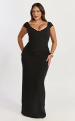 Veronika Maxi Dress Off Shoulder Plunge High Split Dress in Black