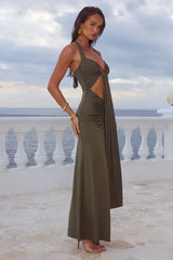 FLORA CUT OUT HALTER MAXI DRESS OLIVE