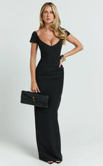 Veronika Maxi Dress Off Shoulder Plunge High Split Dress in Black