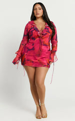 Alesya Mini Dress Ruffle Plunge Neck Long Sleeve Tie Detail Dress in Adeana Print