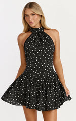 Ruby Mini Dress Halter Neck Tie Drop V Waist Gathered Dress in Black Polka Dot Print