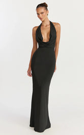 Sylvana Maxi Dress Cowl Halter Neck Bodycon Dress in Black