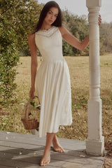 white cotton lace trim waist cinch midi dress