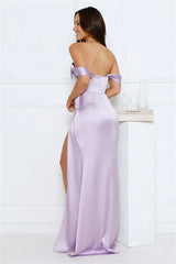Silken Starlet Off Shoulder Satin Maxi Dress Lavender