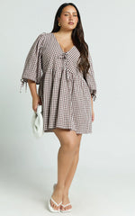 Rosita Mini Dress Tie Front Puff Sleeve Dress in Brown and White Check