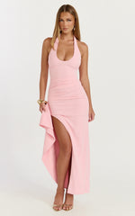 Lani Midi Dress Scooped Neckline Draped Skirt Halter Dress in Pink