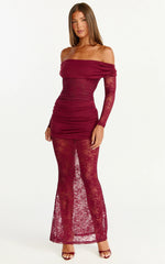 Juliet Maxi Dress Off Shoulder Long Sleeve Ruched Overlay Lace Dress in Wine