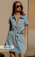 Nandini Mini Dress Zip Through Denim Dress in Light Blue Wash