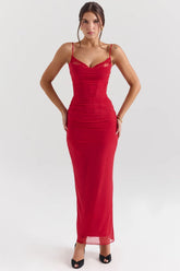 holly red stretch mesh corset maxi dress