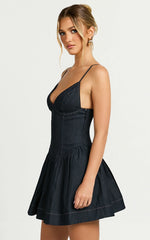 Betchie Mini Dress Neck Strappy Drop Waist Gathered Skirt Denim Dress in Dark Raw Denim