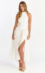 Anya Midi Dress Halter Neck Ruched Drop Waist Dress in White