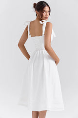 white pin tuck cotton midi sundress