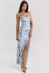 blue floral print mesh maxi dress