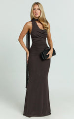 Larson Maxi Dress Asymmetric Tie Neck Column Dress in Chocolate