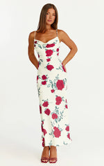 Dahlia Midi Dress Cowl Neck A Line Dress in Scarlet Rose Print