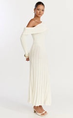 Elaine Midi Dress Knit Off Shoulder Asymmetric Panel Dress in Cream
