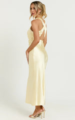 Aluna Midi Dress High Neck Cross Back Satin Slip Dress in Lemon