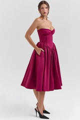 burgundy satin tulle midi dress sale