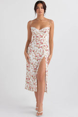 rose print corset midi sundress