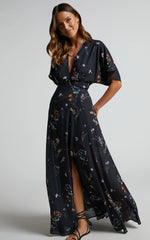 Erenza Maxi Dress Extended Sleeve Wrap Dress in Black Flower Field