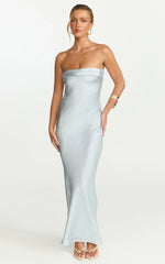 Zaya Midi Dress Strapless Satin Slip Dress in Pale Blue