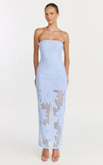 Sienna Midi Dress Strapless Floral Embroidered Bodycon Dress in Blue