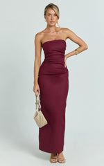 Jamie Maxi Dress Strapless Ruched Fitted Column Dress in Wine
