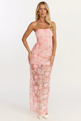 Lima Maxi Dress Strapless Floral Embellished Column Dress in Pink