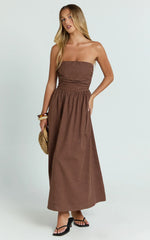 Polly Midi Dress Strapless Ruched Dress in Chocolate