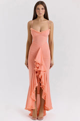 peach mesh ruffled front gown