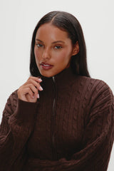 Bea Cable Knit Zip Up Sweater Chocolate Brown