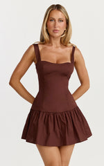 Nyx Mini Dress Balconette Bodice Drop Waist Dress in Chocolate